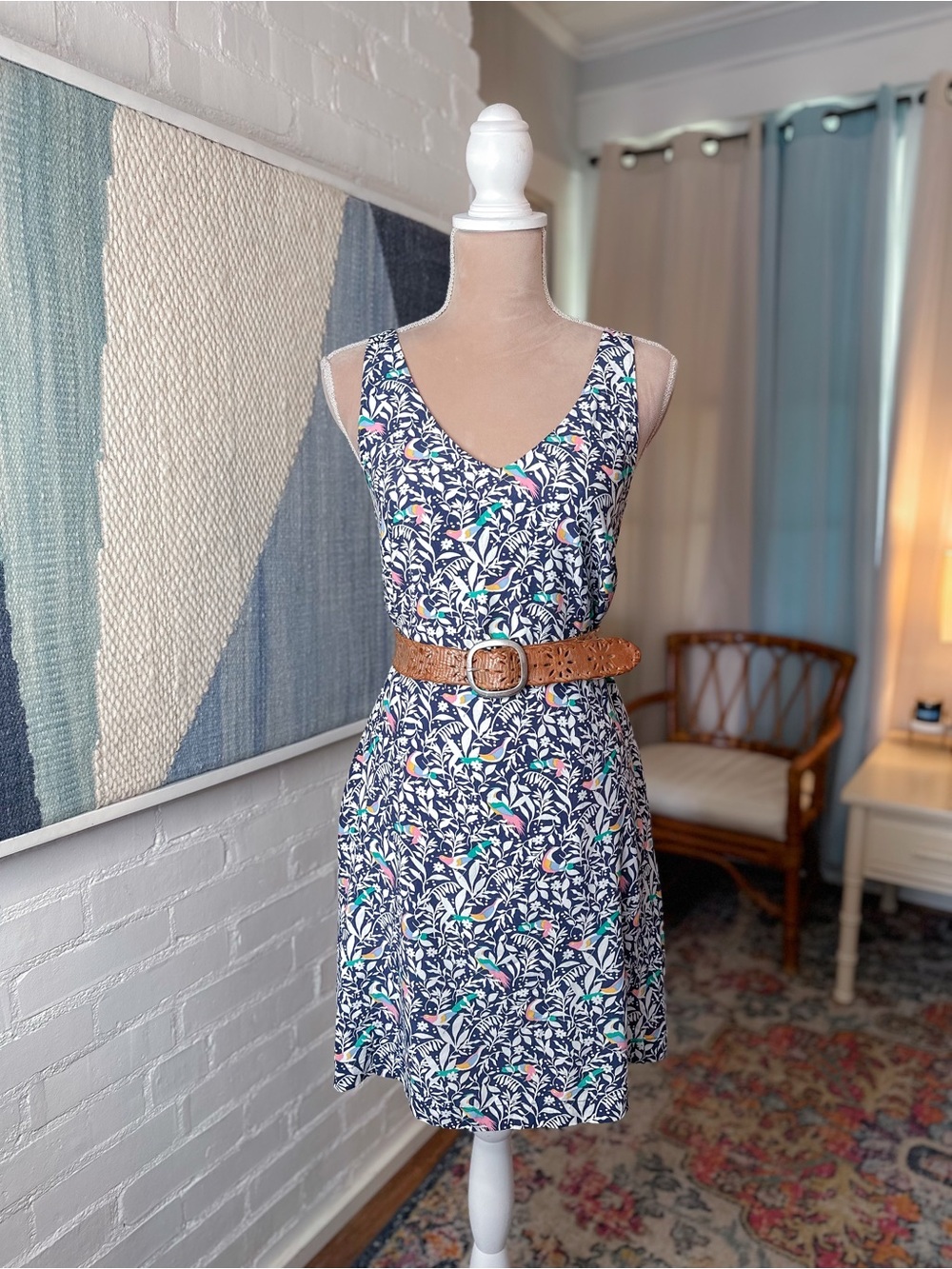 Loft Dark Blue and Pastel Bird Floral Print Twist Strap Dress